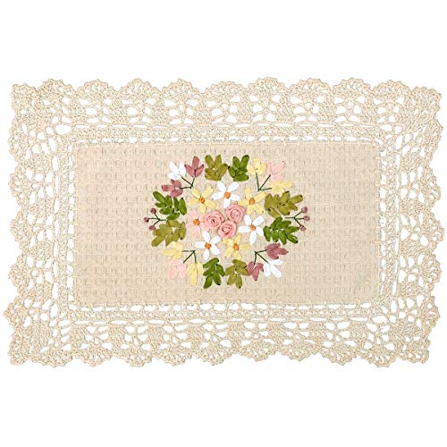 Grelucgo Handmade Crochet Cotton Lace Table Placemats Ribbon Embroidery Rectangular 12 by 18 Inches Doilies Set of 4