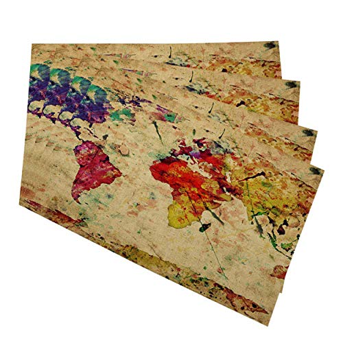 Mugod World Map Placemats Vintage Historical World Map for Old Paper Retro Style Decorative Heat Resistant Non-Slip Washable Place Mats for Kitchen Table Mats Set of 4 12x18