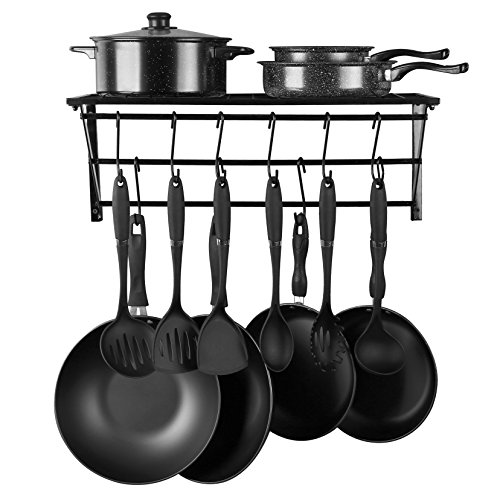 Kitchen Wall Mounted Pot RackPan Lid ShelfCookware Storage With 10 HooksBlack