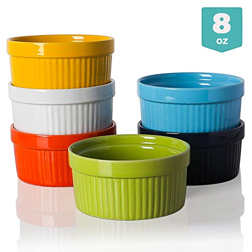 Sweejar Ceramics Souffle Dishes Ramekins 8 oz for BakingPuddingCreme BruleeSouffle - Set of 6