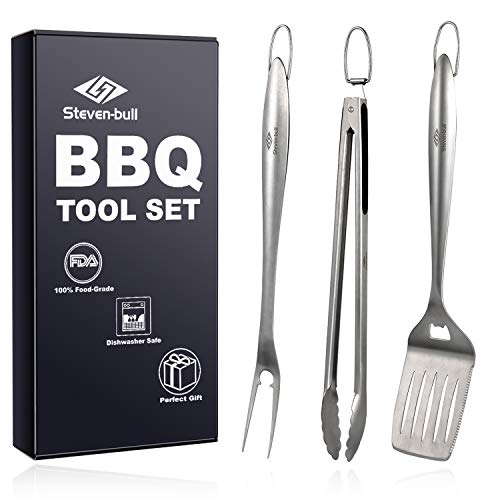 STEVEN-BULL Heavy Duty BBQ Grilling Tool Sets Extra Thick Stainless Steel Spatula Fork and Tongs Extra Long Grill Accessories 18 Inch Best for Barbecue Grilling Gift Box Package 3 Pack