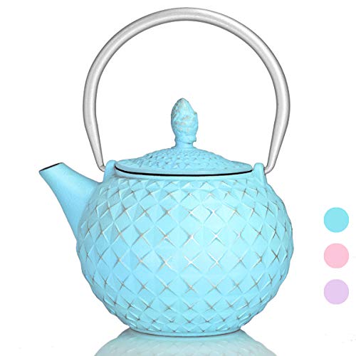 Teapot Japanese Cast Iron Tea Kettle with Stainless Steel InfuserCast Iron TeapotDiamond Design Teapot Coated with Enameled Interior for 28 OunceTurquoise Blue