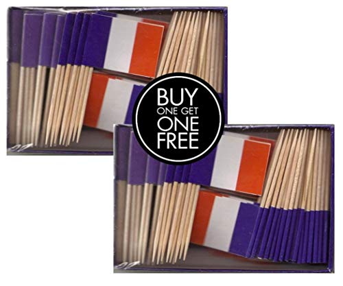 2 Boxes Mini France Toothpick Flags BOGO Buy 1 Box of 100 and Get Another Box Free Total 200 Small Mini French Flag Cupcake Toothpicks or Tiny Cocktail Sticks Picks