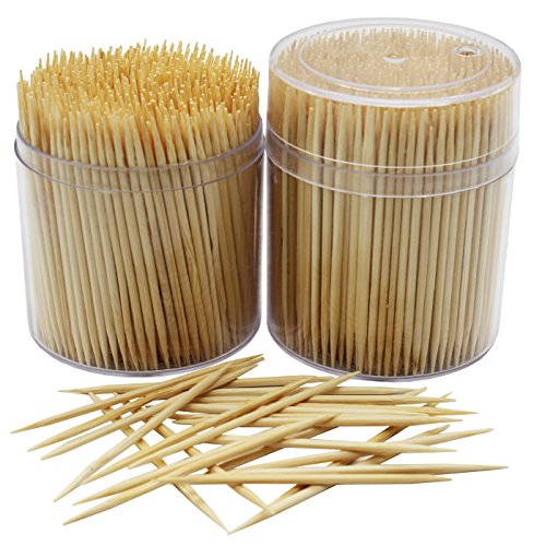 MontoPack Bamboo Wooden Toothpicks 1000-Piece Large Wood Round Toothpicks in Clear Plastic Storage Box  Sturdy Safe Double Sided Party Appetizer Olive Barbecue Fruit Teeth Cleaning Toothpicks