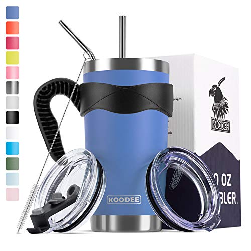 Koodee 20 oz Blue Tumbler Reusable Coffee Cup Stainless Steel Travel Mug with 2 Lids 2 Straws Pipe BrushHandle Gift Box 20 oz Royal Blue