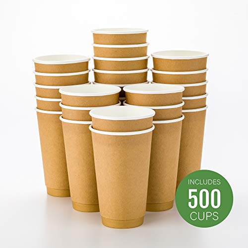 500-CT Disposable Kraft 16-oz Hot Beverage Cups with Double Wall Design No Need for Sleeves - Perfect for Cafes - Eco Friendly Recyclable Paper - Insulated - Wholesale Takeout Coffee Cup
