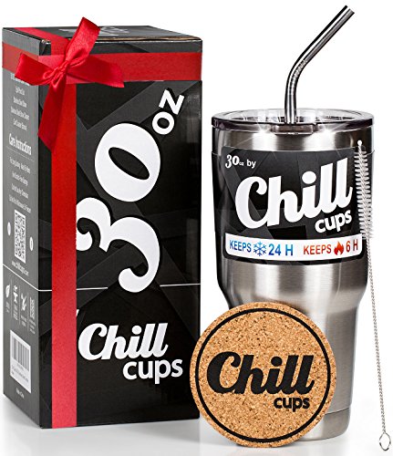 Insulated Travel Coffee Thermal Cup - 30 oz Double Wall Vacuum Drinking Stainless Steel Tumbler Mug with Spill Proof Lid and Straw - Keeps Your Beverage Hot or Cold - Free Bonus Coaster by Chill Cups