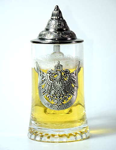 Beer  Glass Stein by HauCoze Drinking Tankard Handmade Gifts Souvenir German Beer Stein Mug Petwer Lid Engraved Petwer Eagle Coat of Arms Food Safe Approved Giftbox 045 Litre