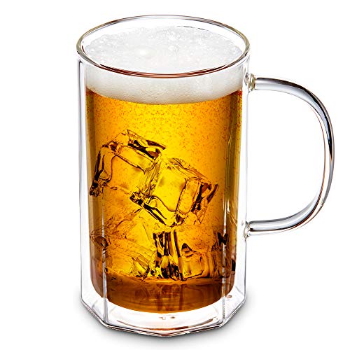 ZENS Glass Beer Mug with HandlesOctagon Double Wall Glasses Beer Stein Mugs18oz Large Craft Beer Glass for Freezer for Iced Tea Mojito