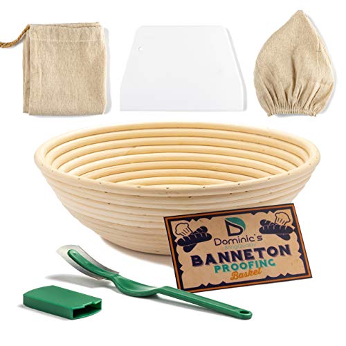 9 Inch Bread Banneton Proofing Basket SET with Bread Lame Dough Scraper Linen Liner Cloth Blank Fabric Bag Make Delicious Natural Homemade Bread 9 Inch