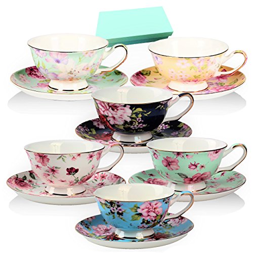 Tea Cup and Saucer Set of 6 Floral Tea Cups 8 OzBone China Porcelain