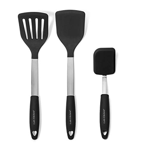 Daily Kitchen Spatula Set Heat Resistant Silicone and Stainless Steel - Turner Spatulas Rubber Grip - Flexible Silicone Spatulas for Non Stick Cookware - Pancake Turners Egg Flippers - 3-Piece Set
