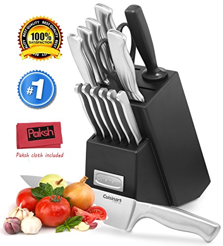Paksh / Cuisinart Wooden Kitchen Knife Block Set, 15-piece Stainless Steel • Cutlery Set - Chef Knife, Bread Knife