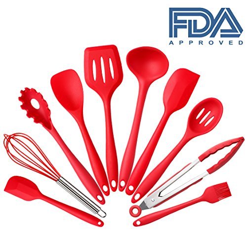 Set of 10 Pieces Silicone Kitchen Cooking Utensils With Hygienic Solid CoatingHeat Resistant Baking SpoonulaBrushWhiskSpatulaLadleSlotted Turner and SpoonTongs Red