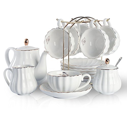 Porcelain Tea Sets British Royal Series 8 OZ Cups& Saucer Service for 6 with Teapot Sugar Bowl Cream Pitcher Teaspoons and tea strainer for TeaCoffee Pukka Home Pure White