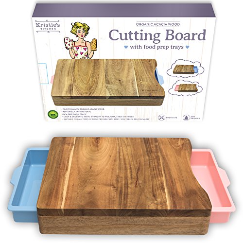 Cutting Board - Organic Acacia Wood Chopping Board with 2 Pink Blue Meal Prep Containers - Naturally Antimicrobial - For Meat Vegetables Bread or Cheese Board