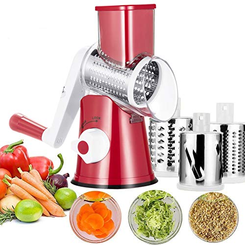 Pasutewel Vegetable Mandoline Slicer 3 Stainless Steel Drum Blades With Strong-Hold Suction Base Fruit Cheese Carrot Potato Cutter Chopper Shredder red