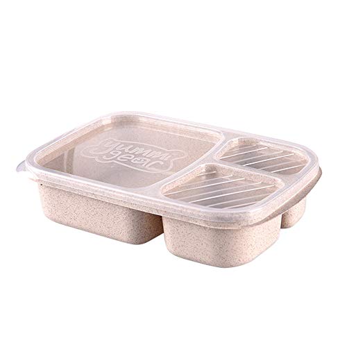 NIHAI Wheat Straw Bento Box 3 Compartment Food Storage Container Lunch Box for Picnic Office School Work Men Women Adults- 93 x 6 x 2 inches Beige