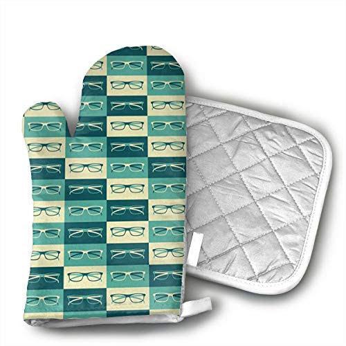 Klasl5 Eyeglasses in Vintage Style Hipster Cool Oven MittsHeat Resistant Oven GlovesNon-Slip Cooking GlovesWashable Kitchen Mitts for Baking Barbecue