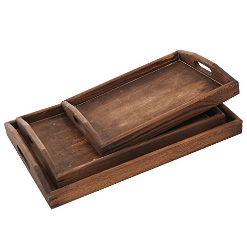 Set of 3 Tourched Wood Rectangular Nesting Breakfast Coffee Table  Butler Serving Trays Dark Brown