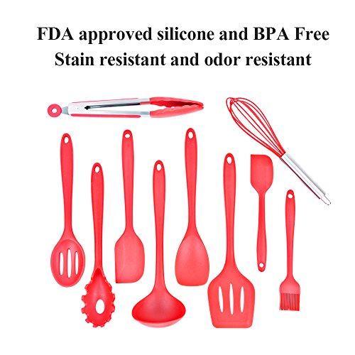 Cooking Utensils Creland 10 Pieces Silicone Kitchen Utensils Non-Stick Utensil Set Including Serving Tongs Spoons Ladle Turner Spatulas Brush and Whisk – Red