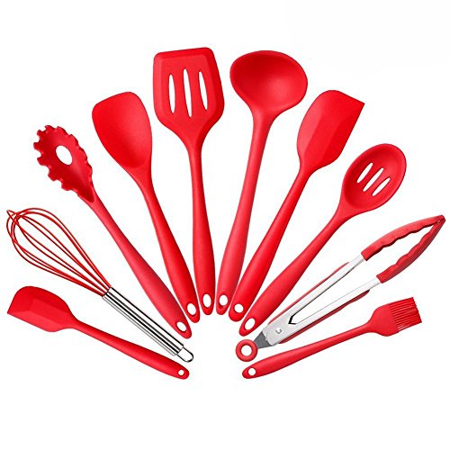 Toms Kitchen Silicone Kitchen Utensils Set 10 pcs Cooking Baking Tool Sets Non-toxic Hygienic Safety Heat Resistant with Tongs Whisk Brush Ladle Spatula Slotted Spoon Spoonula