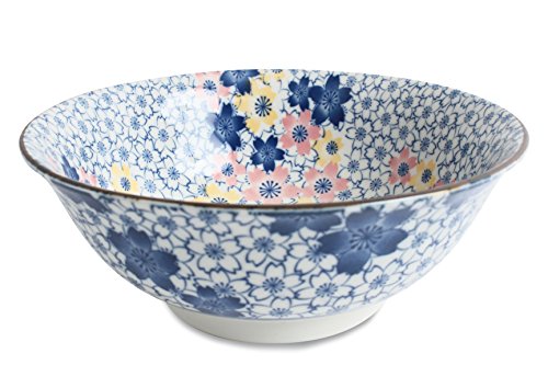 Mino ware Ramen Noodle Donburi Bowl Full of Flowers Blue made in Japan