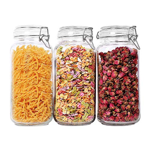 ComSaf Airtight Glass Canister Set of 3 with Lids 78oz Food Storage Jar Square - Storage Container with Clear Preserving Seal Wire Clip Fastening for Kitchen Canning CerealPastaSugarBeansSpice