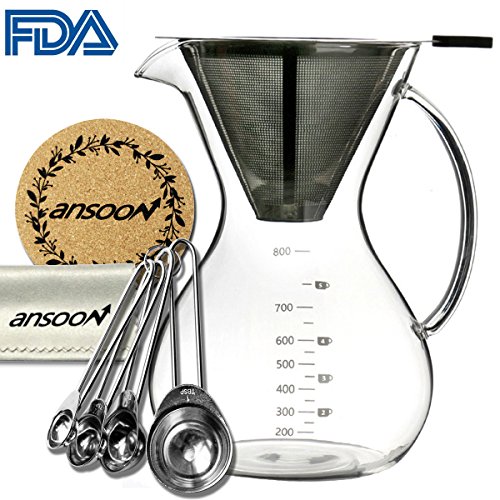 Ansoon Pour Over Coffee Maker Pour Over Coffer Dripper and Coffee Scoop Set  Coffee Glass Filter Pot  French Press with Permanent Stainless Steel Mesh Filter 800 ml  27 oz  2-5  cups