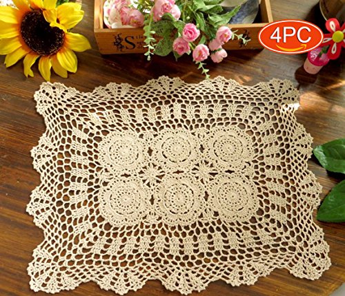 Elesa Miracle 14x18 Inch 4pc Handmade Rectangle Crochet Cotton Lace Table Placemats Sofa Doilies Value Pack Rectangle Beige Beige