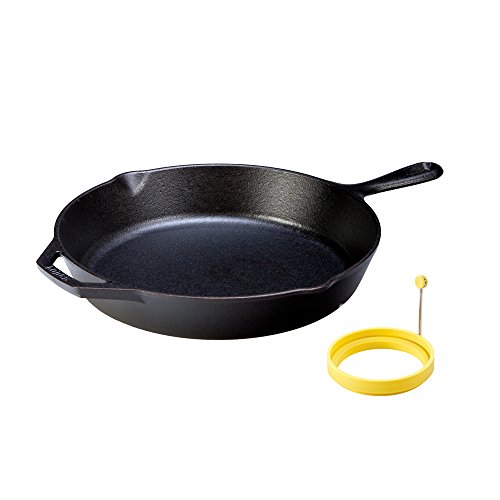 LODGE Pre-Seasoned Cast Iron Skillet 12 inch and Dishwasher Safe Silicone Egg Ring 4 inch for Breakfast Sandwiches or Pancakes