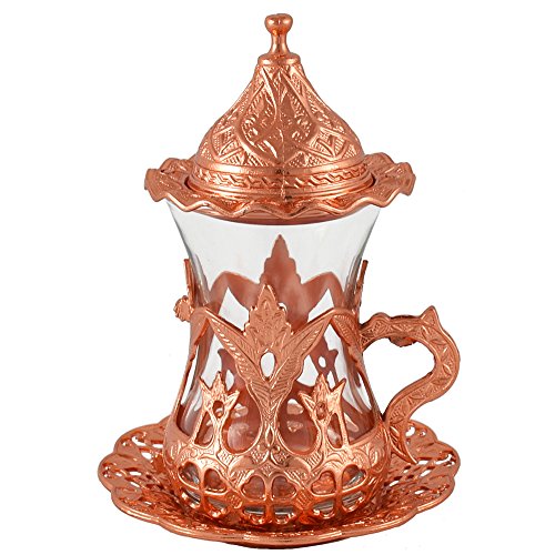 Set of 6 Tea Cups 4 Oz with Saucer Copper Color Moroccan Drinkware Turkish Tea Glass Podstakannik Tea Set TeaCup with Lid Russian Tea Glass Holder