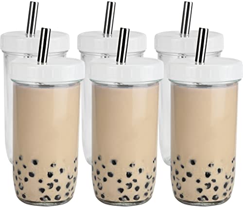 Bubble Tea Cups 6 Pack 24 oz Reusable Wide Mouth Smoothie Cups Iced Coffee Cups With White Lids and Silver Straws Mason Jars Glass Cups Travel Glass Drinking Bottle