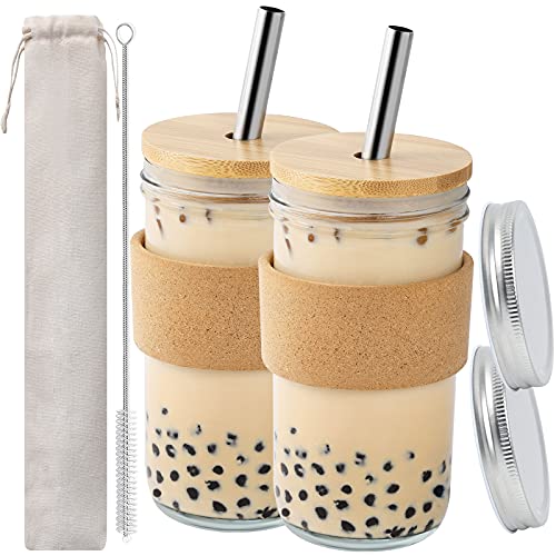 Reusable Boba Cup Bubble Tea Cup Wide Mouth Smoothie Cups Iced Coffee Tumbler 22 oz Leakproof Glass Mason Jars Boba Tumblers with Wooden Lid and Stainless Steel Straws Cork Band Sleeve (2 PACK)
