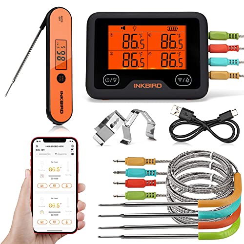 Inkbird WiFiBluetooth Meat Thermometer IBBQ4BW with Instant Read Thermometer IHT1P Large LCD Backlight BBQ Cooking Food Grill Smoker Oven Thermometer TimerHighLow Temp Alarm with 4 Probes