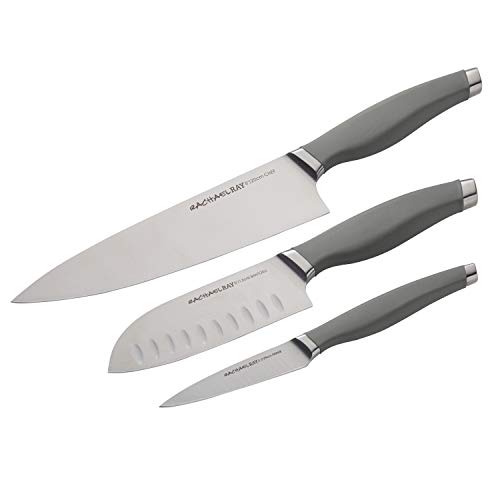 Rachael Ray Cutlery Japanese Stainless Steel Knives Set with Sheaths 8Inch Chef Knife 5Inch Santoku Knife and 35Inch Paring Knife Gray