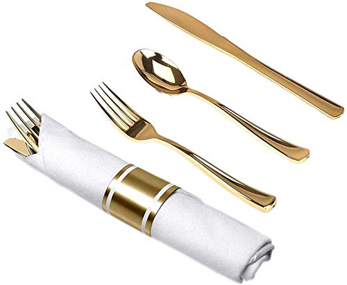 Tiger Chef PreRolled Napkin and Cutlery Set  White Napkins and Gold HeavyWeight Plastic Silverware with Napkin Band Set  100Pack