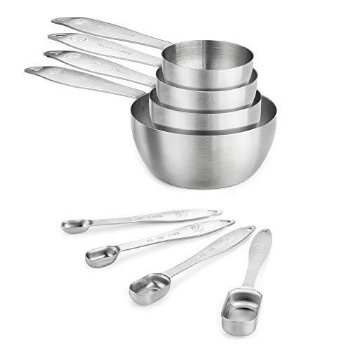 Measuring Cups and Spoons Set of 8 piece in 188 (304) Stainless Steel Pan Shaped Measuring Cups and Narrow Measuring Spoons for Dry and Liquid Ingredients