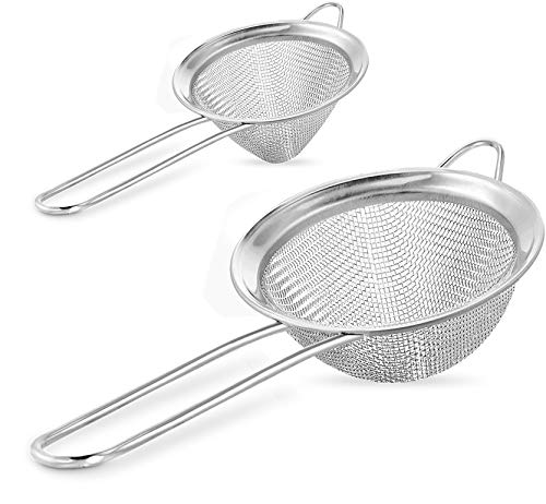 Kafoor Fine Mesh Stainless Steel Strainer Set of 2  Large Round Strainer and Small Conical Sieve  Ideal to Strain Pasta Noodles Quinoa Tea Coffee Juices Sift  Sieve Flour  Powdered Sugar