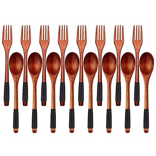 ANESTAR Wooden Spoons Forks Set Japanese Style Wooden Utensils Set for Eating Wood Flatware Set Reusable (Black Cords16 Pieces)