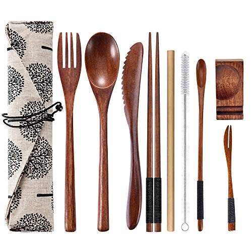 OKA Reusable Wooden Travel Cutlery Set Japanese Style Lunch Utensil Set with Case 9 Pcs Wooden Flatware Including Reusable Knife Fork Spoon Chopsticks Straws  Cleaning Brush