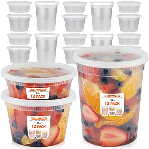 36 Pack 3 Sizes Food Storage Containers with Lids Round Plastic Deli Cups US Made Assorted 8 16 32 oz Cup Pint Quart Leak Proof Airtight Microwave  Dishwasher Safe Stackable Reusable White