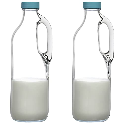 2 Pc 47oz Clear Glass Milk Bottles Set with Handle and Lids  Airtight milk Container for Refrigerator Jug Glass Water Pitchers Water Juice Heavy Milk Bottle Liquid Containers for Kitchen