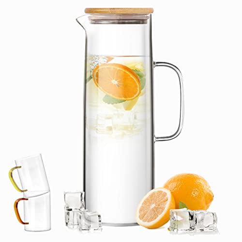 ZRRHOO Glass Pitcher with Bamboo Lid and Spout 52oz1500ml Clear Water Pitcher with 2 Cups Handle and Brush Heat Resistant Carafe for Iced Tea Cold Brew Juice Sangria Lemonade and More…