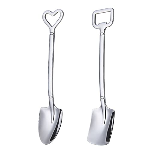 AHLSRHZ SUS304 Stainless Steel Spoon Mini Shovel Shape Spoons for Coffee Tea Mixing Sugar Ice Cream Stir Bar Spoons Bottle Opener (Silver 2 PCS)