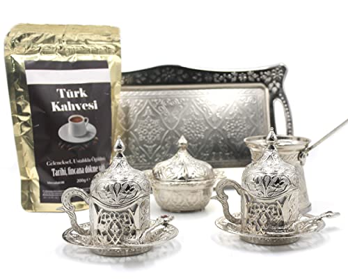 OttomanArt Premium Silver Turkish Greek Arabic Coffee Espresso Serving  Set of 16  with 200g Turkish Coffee 5 oz Pot 2 Cups Saucers Lids Tray Delight Sugar Bowl 3 Spoons 16 Pcs Gift Set (Bronze)