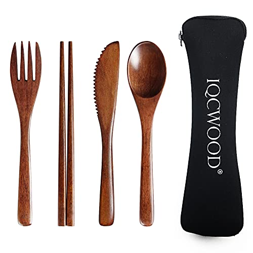Wooden Cutlery Set Portable Cutlery Set 4 Piece of Wooden Utensils Kids Camping Utensils with Reusable Spoon Fork Knife Chopsticks Childrens Cutlery Set for Travel and Camping