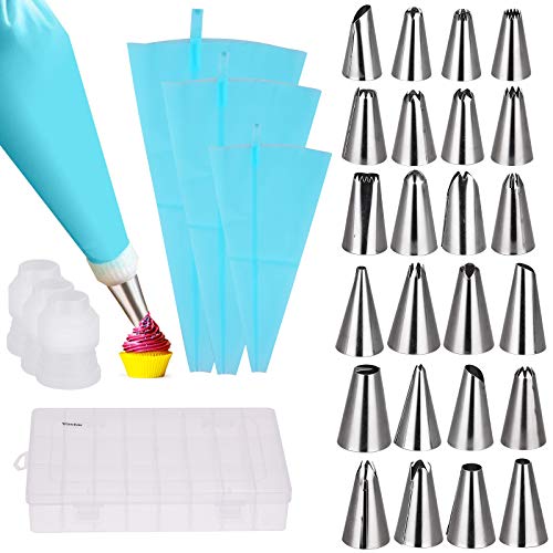 Vastar Cake Decorating Supplies Kit  30 in 1 cake decorations 24Pcs Professional Stainless Steel DIY Icing Tips with 3 Reusable Coupler  Storage Case  3 Sizes Silicone Cake Decorating Pastry Bags