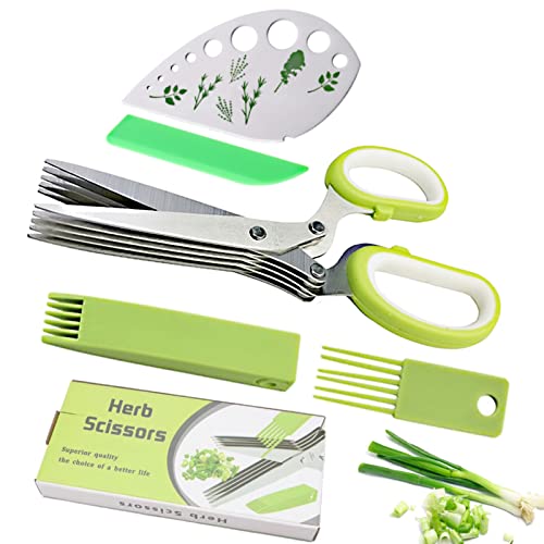 Herb Scissors Herb Stripper Set Multifunctional Stainless Steel 5 Blades Kitchen Shears with Safety Cover and Cleaning Comb for Herbs  Kitchen Gadgets 4 in 1
