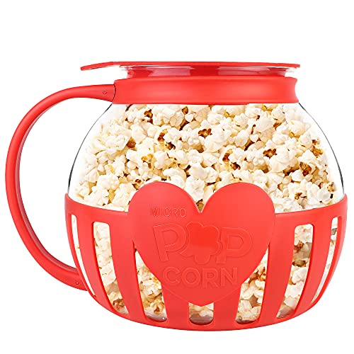 The Original Korcci 3 Quart Microwave Glass Popcorn Popper Dishwasher Safe 3in1 Silicone Lid BPA Free Family Size (Red)